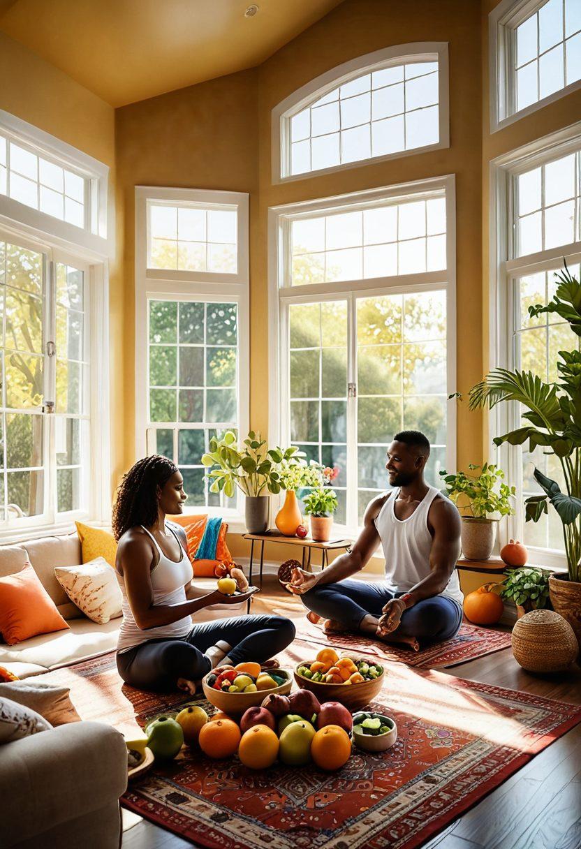 A diverse couple at home, surrounded by symbols of health like fresh fruits, yoga mats, and wellness books. They are enjoying a healthy meal together, with a cozy and vibrant living room in the background, showcasing multicultural decor elements. Bright sunlight filters through large windows, creating a warm and inviting atmosphere. cheerful colors. digital painting. high detail.
