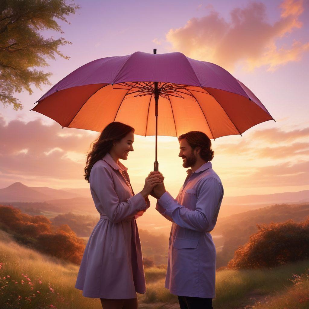 A romantic scene depicting a couple sharing a joyful moment, surrounded by symbolic representations of insurance like a sturdy umbrella and a heart-shaped shield. The background showcases a beautiful sunset, emphasizing love and security. Add elements of trust, like intertwined hands and insurance documents subtly woven into the landscape. Very warm and inviting color palette. super-realistic. vibrant colors.