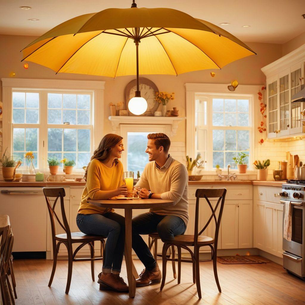 A warm and inviting illustration of a couple sitting at a cozy kitchen table, reviewing their insurance policies with smiles on their faces. Surrounding them are symbols of love and protection: hearts, a safety umbrella, and glowing lightbulbs representing clarity and understanding. The scene should convey a sense of trust and partnership, emphasizing communication in relationships. Soft colors and a homey atmosphere should dominate the image. super-realistic. vibrant colors. warm lighting.